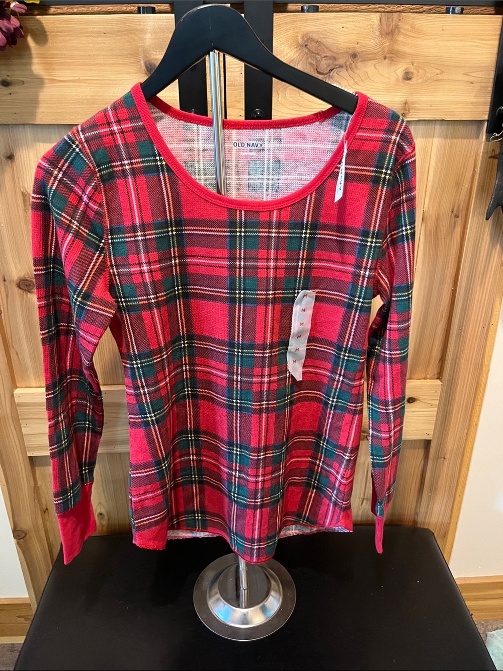 Old Navy Red Plaid Long-Sleeve Pajama Top with Green & Yellow Accents
